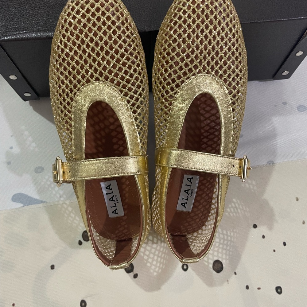 Alaïa Metallic Gold Mesh Mary Jane Shoes - Picture 10 of 12